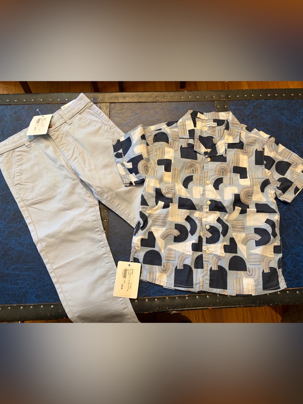 Mayoral Navy and Light Blue Geometric Short Sleeve Button-Down Shirt